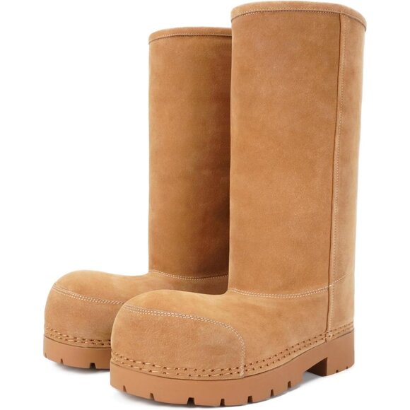 Shoes - Faux Suede Platform Fuzzy Snow Round Toe Hippy Boots Slip On Knee High Brown